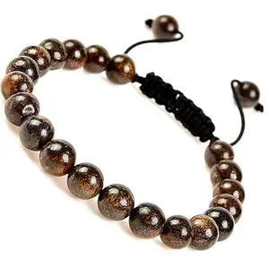 Lady Works Natural Bronzite Threaded Bracelet 8mm Round Smooth Beads Bronzite Adjustable Thread Bracelet. Unisex Macrame Yoga Bracelet.|LW_TDBR_0720