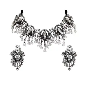 Rashi Designer Studio Silver Oxidized Stylish lord Ganesha Choker Necklace with Earrings Jewellery Set for Women & Girls