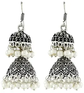 Zivom® Boho Double Jhumka Antique Oxidized Afghani Bohemian Tribal German Silver Pearl Jhumki Earring Women
