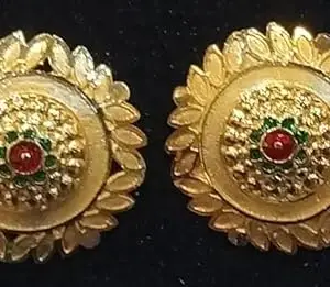 Traditional Gold-Plated Stud Earrings, Round Floral Design with Red and Green Stone, 2.5 cm