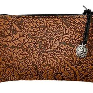 Leather 6 Inch Zipper Pouch, Wallet, Coin Purse, Hand Made in the USA by Oberon Design, Oak Leaves, Saddle, Floral