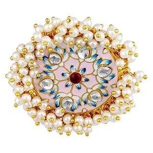 Peora Jaipur Enamel Traditional Handcrafted Floral Design Rice Pearl Gold Plated Pink Ring for Women Girls