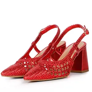 SaintG Womans Red Metallic Hand Woven Leather Block Heels