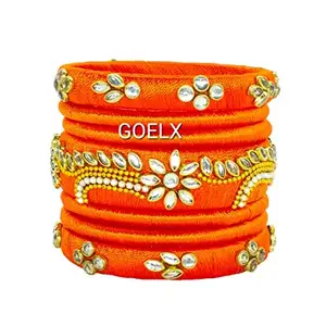 GOELX Designer Colorful Leaf Buta Silk Thread Bangles set for women (Orange, 2.6)