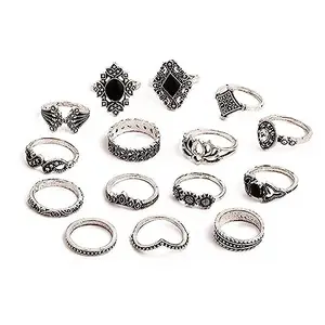thevinegirl Oxidised 15 Pcs Vintage Floral Designs Ring Set For Women And Girls
