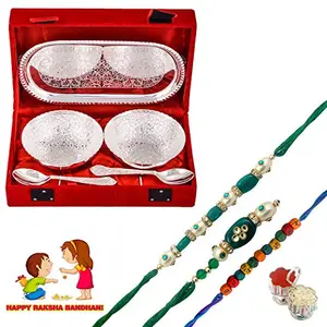 EMPIRE GIFT COLLECTION Rakhi for Brother Bhaiya Bhabhi Combo and 5 pcs Flower Silver Plated Bowl with Spoon with Tray and Rakhi Set