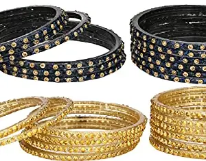 Colorful Glass Bangles/Kada Set Combo Ornamented With Colourful Chips & Beads_D358 (AkBang2-DI1.b_bang)