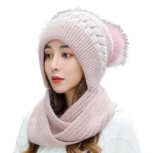 Devil Winter Cap for Women Woolen Cap with Mufflers for Women, Knitted Woolen Muffler for Women & Girls Muffler Woolen Cap, Stylish Woolen Caps for Women Winter Wear Scarf(Pink)