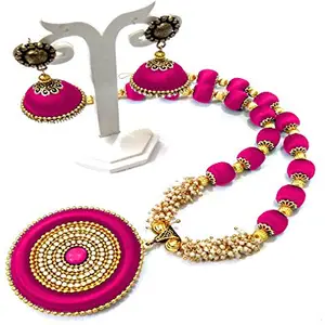 thread trends Party Wear Silk Thread Jewellery Set, with Loreals Necklace, Earrings,Jewelry Handmade Set Pink Color