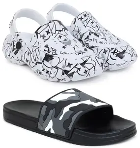 Pampy Angel Combo Pack of 2 Slipper/Flip Flops/Slides/Clogs/Sandals with Adjustable Back Strap for Men,(Cl-A-Smarti-White,Military-Black),10 (UK/India)