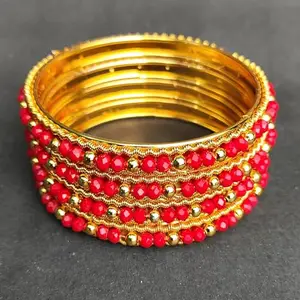 Red Beads Golden Bangle Set Piece of 4 For WOMEN (2.4)