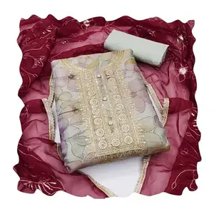 KIMISHA Women's Grey Cotton Digital Unstitched Dress Material