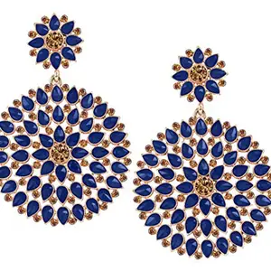 JFL - Jewellery for Less Floral Gold Plated Copper Navy Blue Stone and Diamond Studded Dangler Earrings for Women