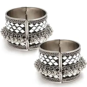 Shivarth Afghani Look with Adjustable Bangles Designer Oxidized Silver Mirror Ghungroo Bracelet Cutwork Jewellery Bangle Pack of 2pcs Cuff Kade For Girls & Women (Mirror Kade B)