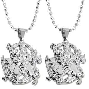 Uniqon (Set Of 2 Pcs) Unisex Silver Color Metal Stainless Steel Hindu God Lord Shri Durga Vaishno Devi Maa/Sherawali Mata Religious Pendant Locket Necklace