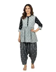 Cotton Printed Short Top with Mandarin Collar, 3/4th Polka Dot Sleeves, Gathered Waist Grey