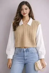 Regular Fit Collared Knit Top for Women, Long Sleeve Casual T-Shirt, Black and White, Rib-Knit Material, Korean Trendy Style