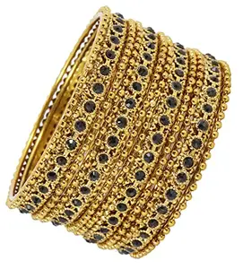 ZULKA Non-Precious Metal Base Metal with Zircon Gemstone Studded worked and Linked with Ball Chain Glossy Finished Bangle Set For Women and Girls, (Black_2.6 Inches), Pack Of 12 Bangle Set