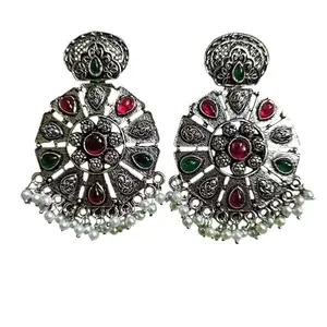 Traditional Oxidized Silver Earrings with Red and Green Stones, Pearl Beads, Floral Design 7 cm