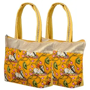Kuber Industries Women's Hand Purse | Traditional Mini Hand Bag | Silk Wallet Hand Bag | Woman Tote Hand Bag | Gifts Hand Bag | Cow-Small Hand Purse | Pack of 2 | Yellow