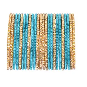 NAVMAV Beautiful & Elegant Royal Look Surf/Sky Blue Colour Glass With Stone Bangles Set with Golden Chudis for Women and Girls (2.4)