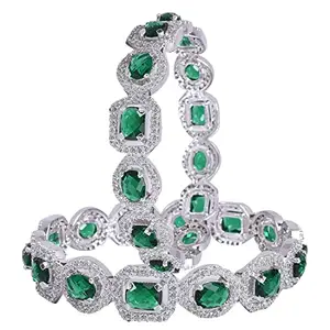 I Jewels 18K Rhodium Plated Intricately Designed Traditional Bangles Encased With Green Enamel CZ/Diamond For Women/Girls (ADB312ZG-b) (Set of 2)