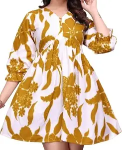 Women’s White Kurti – Mustard Floral Print, Short Fit, Perfect 7F00038-XXL