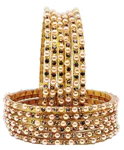 T4 Jewels (2.10 & 2.12 Size) Moti Design Gold-Plated Beautiful Glass Bangles Set for Women & Girls - (Set of 12)_Moti Gold_2.10