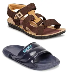 Liboni Men's Comfort Flip- Flops,Blue Slippers & Brown Sandals Combo Pack of 2 (7)
