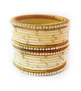 Blue jays hub Silk Thread Bangle Set of 16,Off White and Gold Color kundans for Women/Girls (2.6)