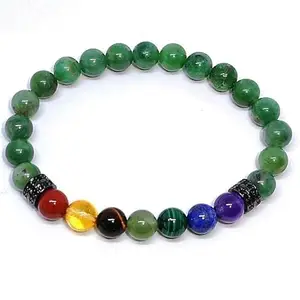 Lady Works Natural 7 Chakra Stone & Green Onyx 8mm Round Shape Smooth Cut Beads 7 Inch Stretchable Bracelet For Men & Women. Unisex Bracelet For Healing, Meditation, Prosperity & Luck|LW_BRST_00071_7.0