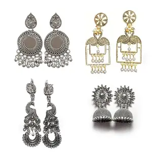 Earrings for women Traditional jhumka small size | Earring Combo Pack of 4 for Girls | Oxidised Earring Silver Color (Design 7)