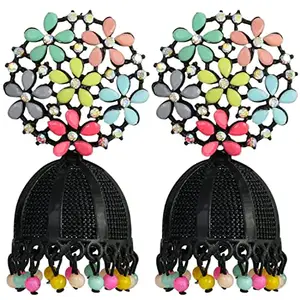Fashion Frill Plushy Earrings For Women Black Floral Design Silver Plated Jhumka Jhumka Earrings For Women Girls