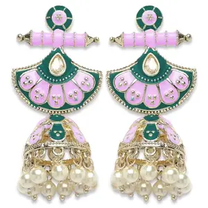 Karatcart Gold Plated Pink and Blue Meena Jhumki Earrings for Women