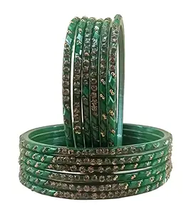 The Golden Cascade Green Glass Bangles Cutting Design with Studded Pearl Stone Chudi set for Women & Girls/MRCDS (Green, Extra Large 2-10)