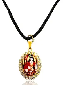 Unisex Diamond Nug Stone Engraved/Studded Hindu God Lord Shri Laddu Gopal/Krishna/Thakur Ji Locket Pendant Necklace With Cotton Dori