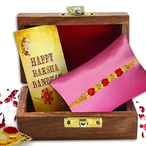 Avirons Antique & Fancy Rakhi Gift Box for Brother, Includes Designer Rakhi, Roli & Chawal Set for Tilak Ceremony, Packed in a Decorative Wooden Box (Pack of 1)