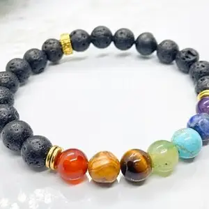 LKBEADS Natural 7 Chakra Stone & Black Lava 8mm Round Shape Smooth Cut Beads 8 inch Stretchable Bracelet for Men & Women|STBR_RR_00027_80