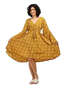 KE KanhaExports KE KANHA EXPORTS Beach Wear Dress for Women|Short Dress for Woman|Boho Dresses for Women|Adjustable Tassel V Neck Border Print|Multicolor|Easily fits S to L|Bust Fit 32 to 38 Inch