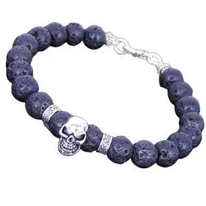 LKBEADS Silver Plated Bracelet with Black Smooth Volcanic Lava Beads – Round 8mm – 7 inch Adjustable – For Men & Women|LK_STACK_06597