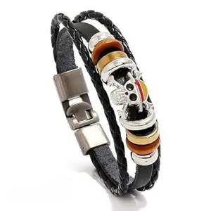 MASI HUB Leather Bracelet for Unisex | Skull Bracelet for Boys/Girls/Men/Women/Unisex For all Age Group | Anime Stylish Black Bracelet (Skull)