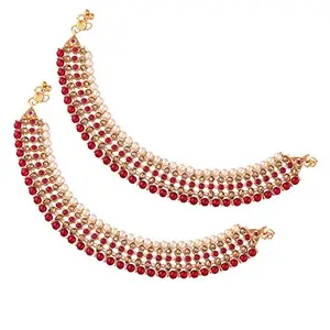 I Jewels Traditional Alloy Gold Plated Kundan Pearl Payal Anklet for Women (A034Q)