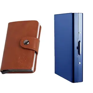 Stealodeal RFID Protector Metal and PU Unisex Cash and Card Holders, Pack of 2, Blue & Brown