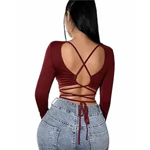 TRENDZ BY CHANDAN Trendz Women's Slim Fit Solid Criss Cross Tied Backless Crop Top | Long Sleeve Casual Wear Dori Top for Women