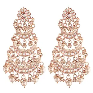 I Jewels 18k Rose Gold Plated 3 Layered Beaded Chandbali Earrings with Kundan and Pearl Work for Women (E2859RG)