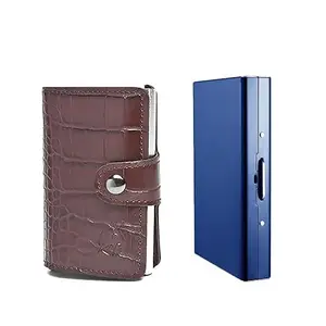 Stealodeal Metal and PU Unisex Cash and Card Holders, Pack of 2, Blue & Dark Brown