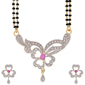 KENNICE Gold-Plated Brass American Diamond Flower Mangalsutra with Earrings Set Jewellery For Women