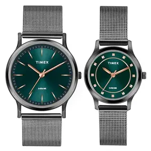 TIMEX Analog Watch for Couple with Green Round Dial & Gunmetal Stainless Steel Bracelet Band Water Resistant Pair's Wrist Watches - TW00ZP003