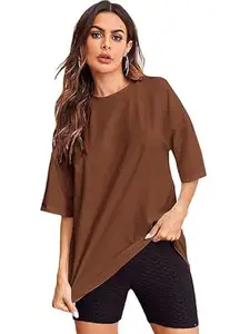 URJJA Enterprise Half Sleeves Oversized Drop Shoulder Loose Fit T-Shirt for Women's and Girl's (Shirt Brown_2902)