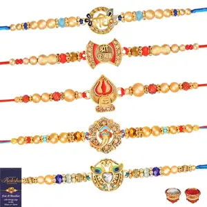 De Marquis 5 Designer Rakhi Gift Set for Brother, Mauli Thread Rakhi, Chawal Roli Pack, Greeting Card Set (5 Multicolor RAKHI set in different design with Roli and chawal)
